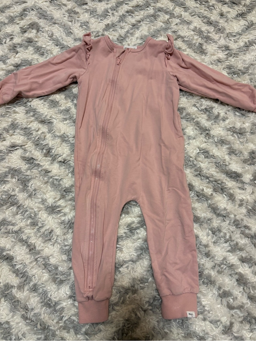Ruffle-Shoulder Zip Baby Footie in Dusty Rose